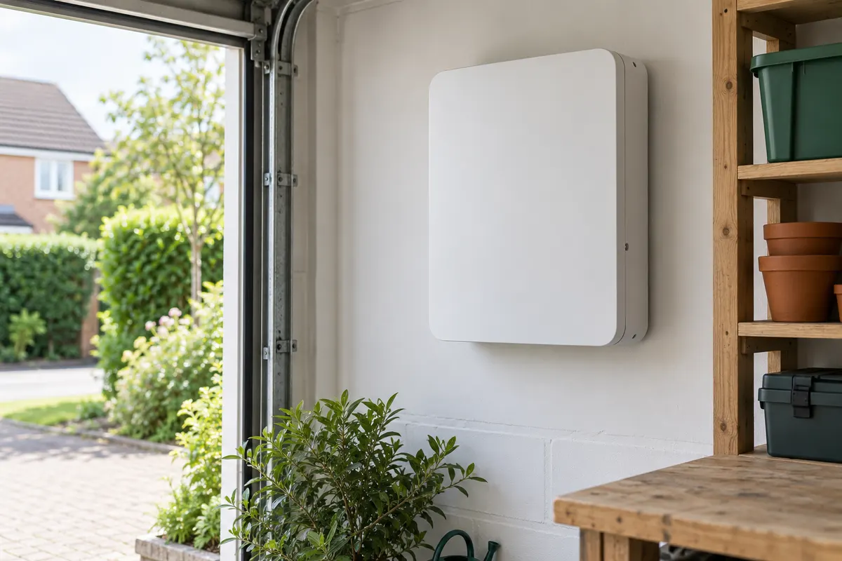 Illustration of a closed domestic inverter enclosure on a garage wall
